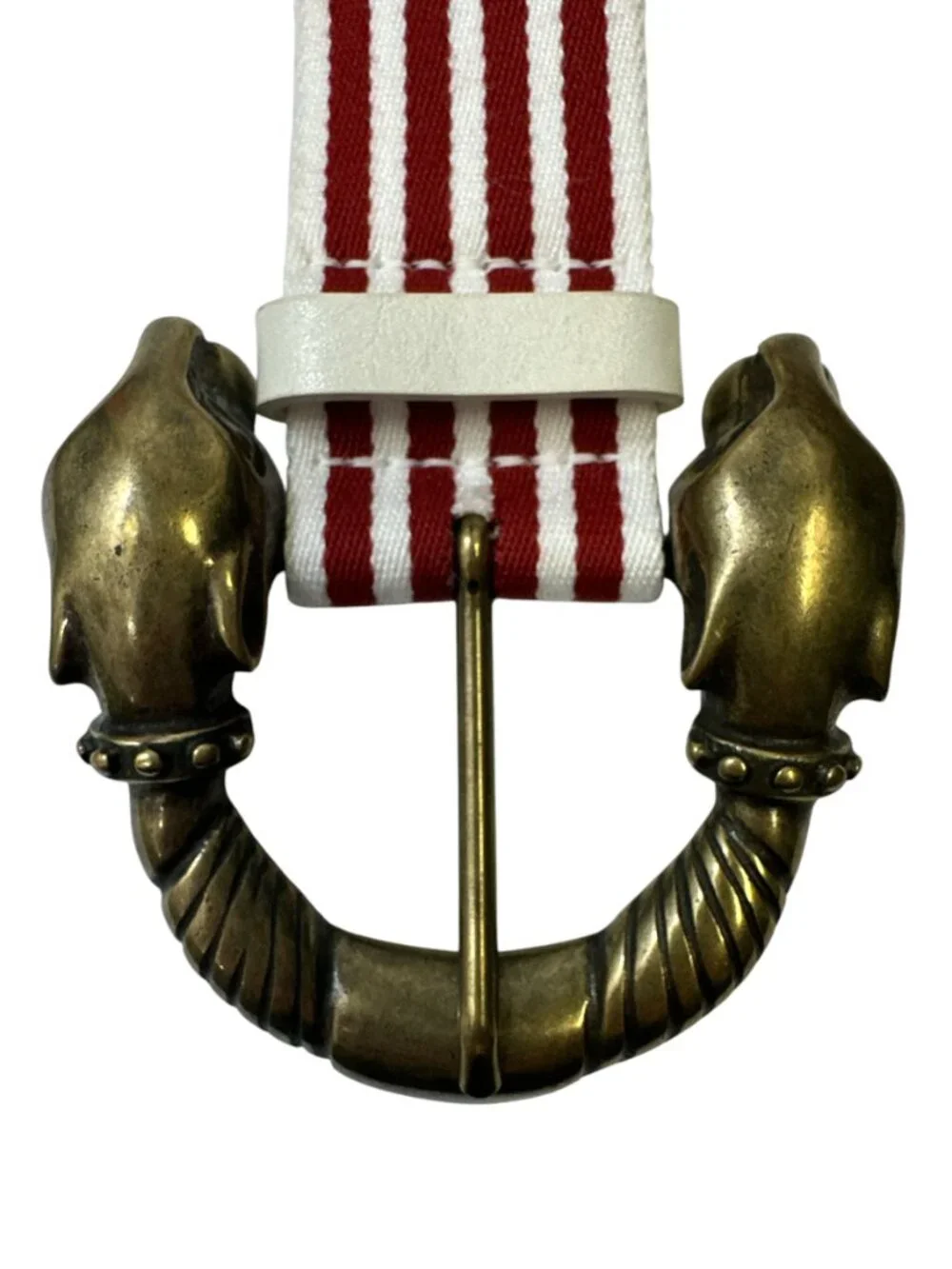 Brass Jaguar Head Buckle Red White Stripe Statement Belt Womens